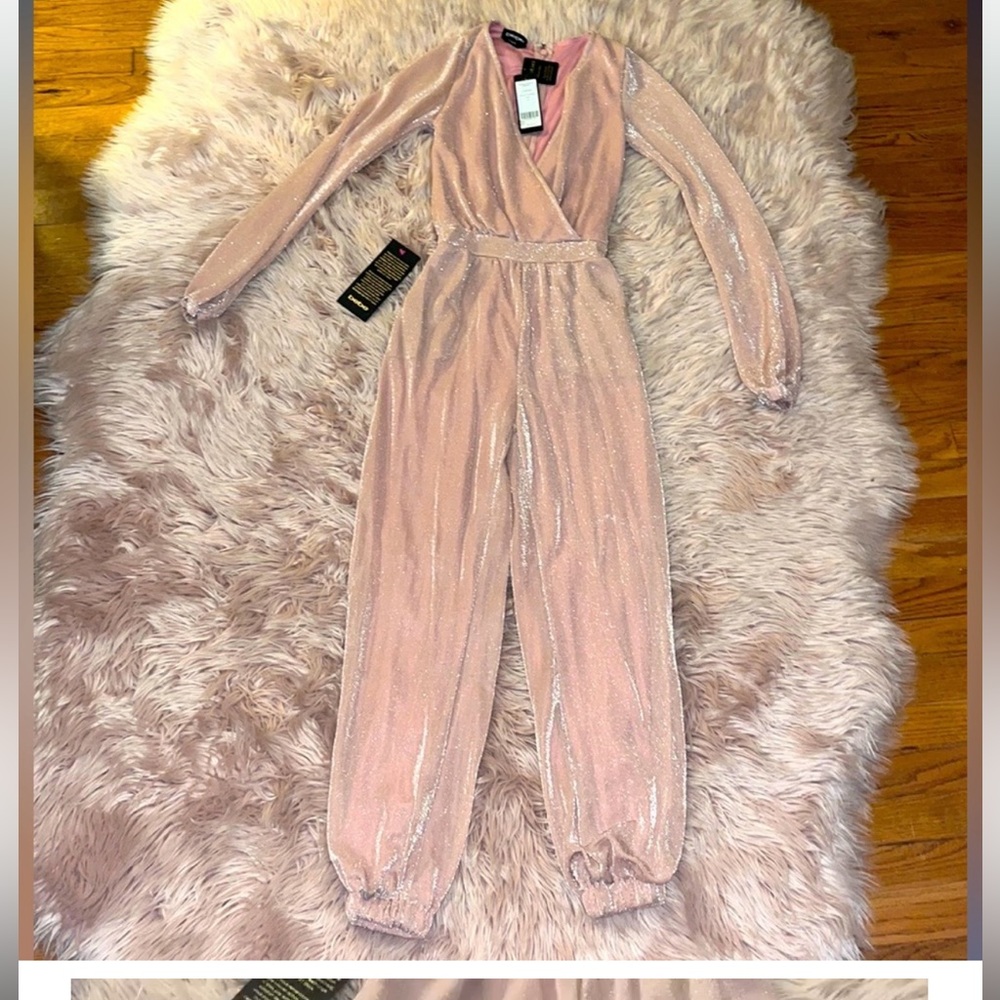 Bebe Women’s Sparkle Knit Long Sleeve Jumpsuit Size XS in BALLET SLIPPER NWOT 💖